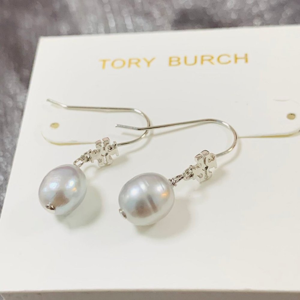Tory Burch Earrings Kira Pearl Drop Earrings 12MM Silver Peart Logo Silver Gray
